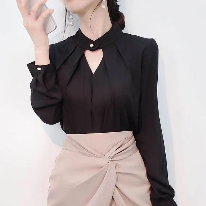 olid Chiffon Blouse - Slim Long Sleeve Hollow Sexy Spring Summer Top