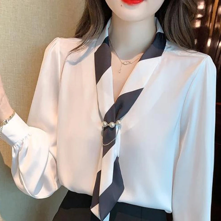 Chiffon Blouse for Women - Elegant Lace-Up V-Neck Long Sleeve Office Top