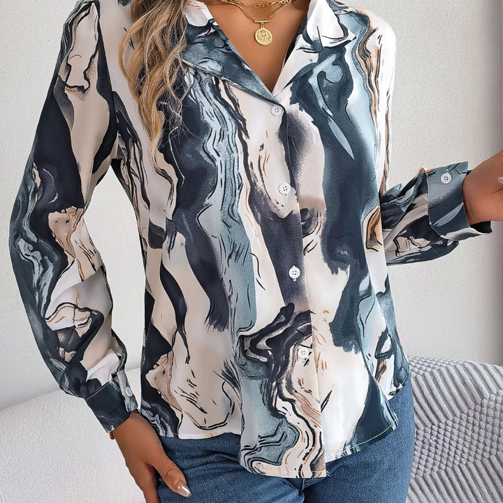 Casual All Over Print Notch Collar Button Long Sleeve Shirt