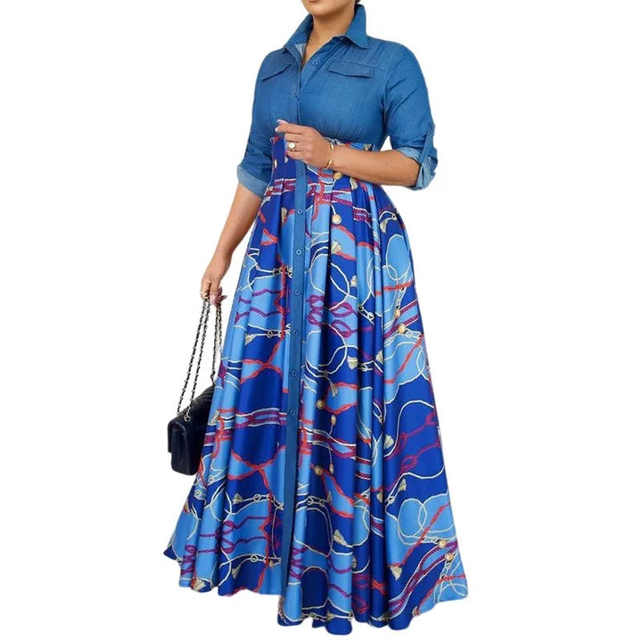 Elegant Long Denim Dress with Turn-Down Collar and Full Sleeves