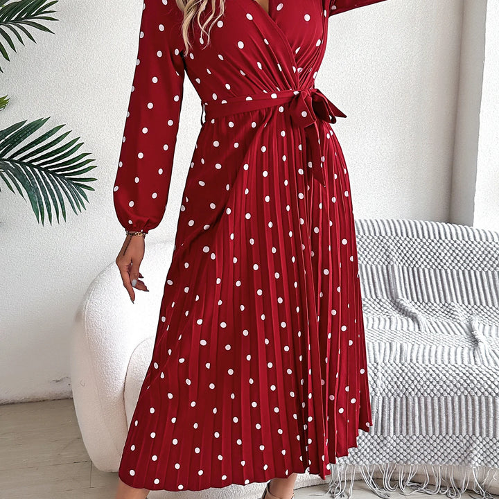 Elegant Surplice Neck Polka Dot Pleated Dress - Long Sleeve Belted