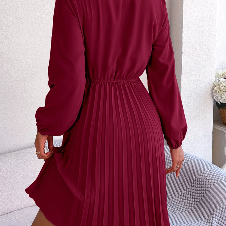 Casual Tie Front Mock Neck Long Sleeve Pleated Dress For Spring & Fall