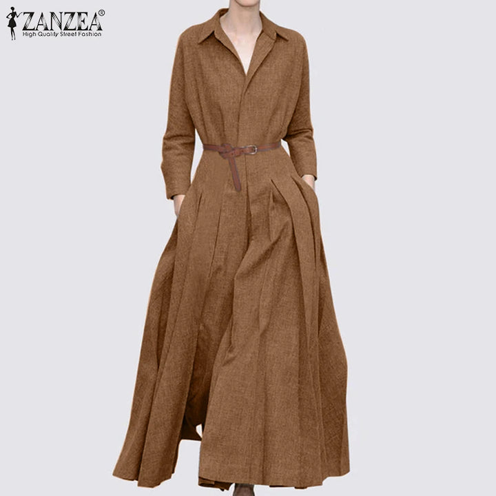 ZANZEA Spring Office Maxi Dress - Casual Oversized Lapel A-line Long Sleeve Dress