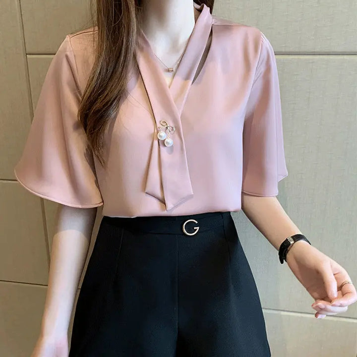 Short Sleeve V-neck Chiffon Blouse - Breathable Slim Elegant Summer Office Top