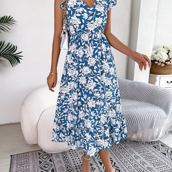 Casual V Neck Floral Print Ruffle Hem Dress