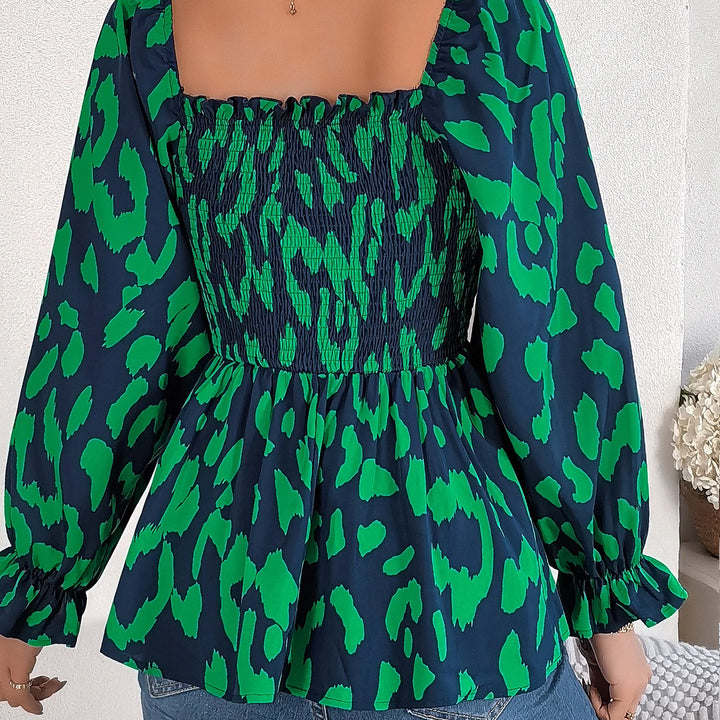 Casual Allover Print Square Neck Shirred Ruffle Hem Blouse