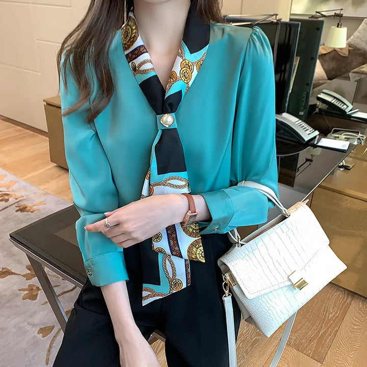 Spring Chiffon Blouse - Bow Long Sleeve Office Lady Casual Top