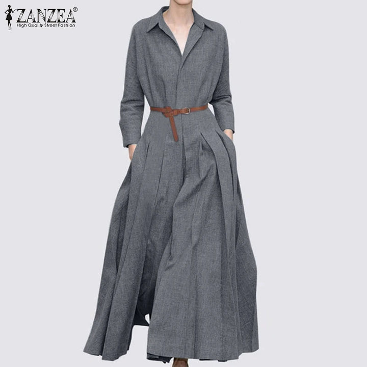 ZANZEA Spring Office Maxi Dress - Casual Oversized Lapel A-line Long Sleeve Dress