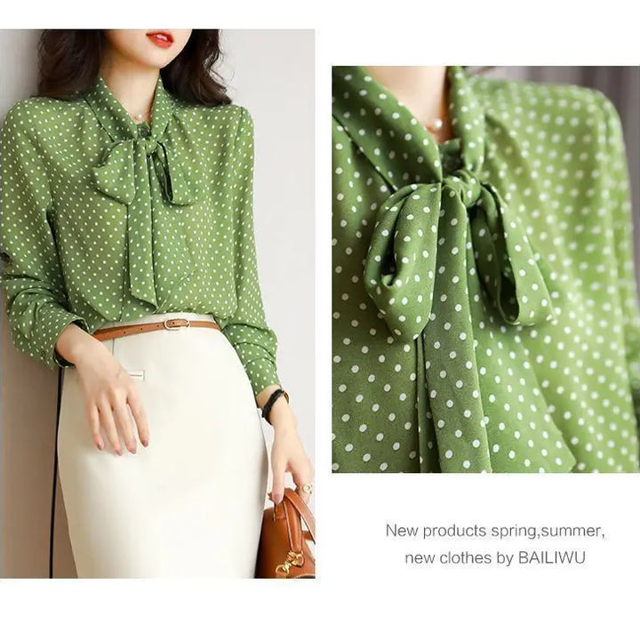 Spring Autumn Shawl Collar Blouse - Bow Polka Dot Long Sleeve Cardigan