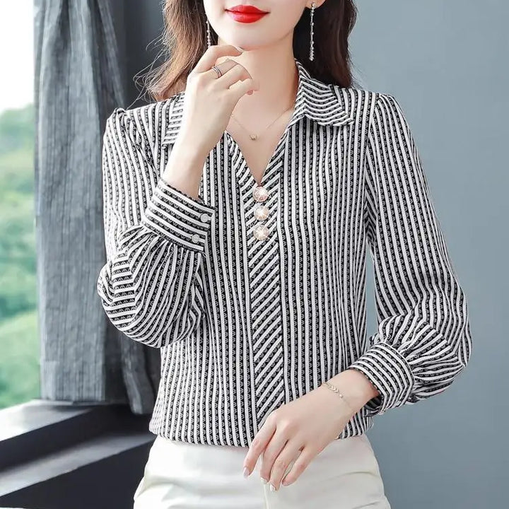 Striped Print Fashion Blouse - Elegant Office Lady Long Sleeve Shirt