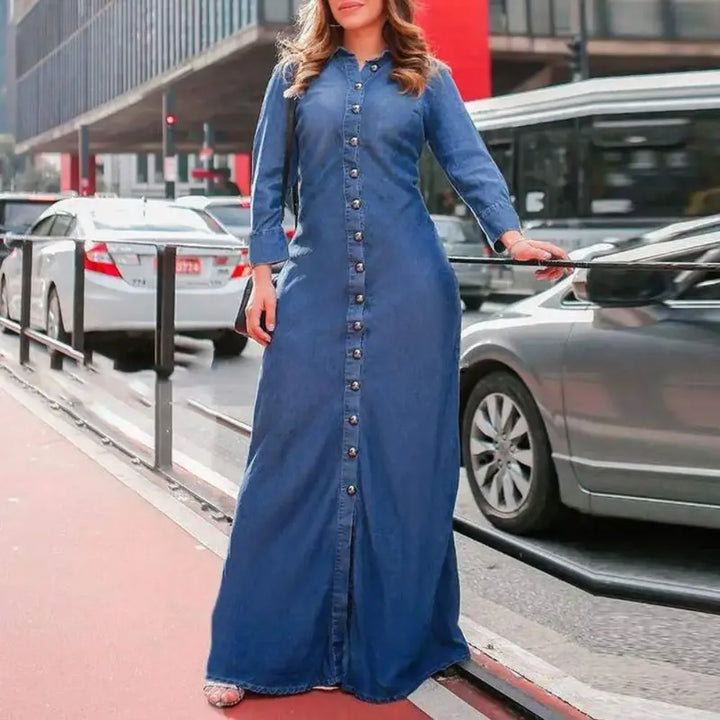 Plus Size Women's Casual Denim Long Dress with Collar and Button-Up