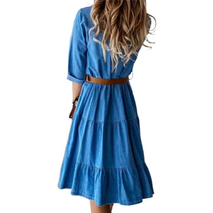 Women's Denim Dress with Three-Quarter Sleeves, Belt, and Ruffle Detail