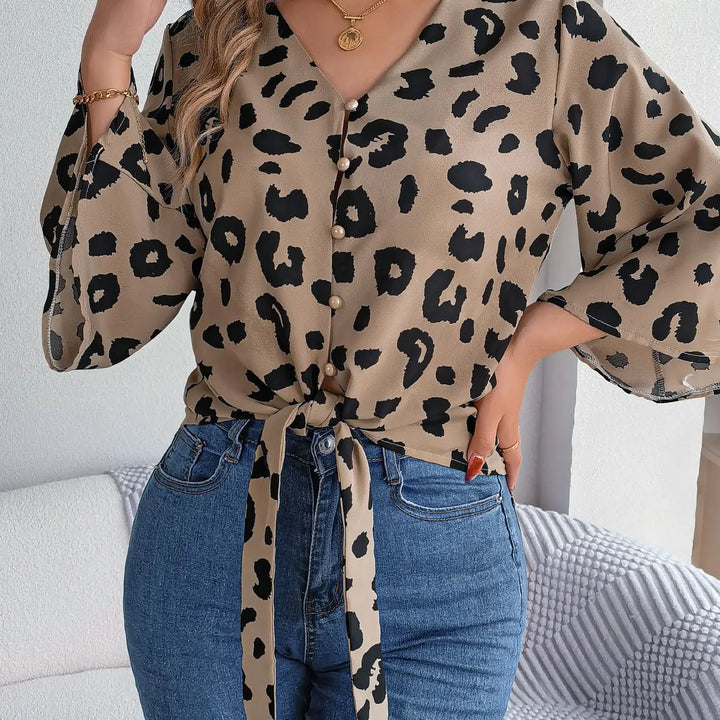 Casual V Neck 3/4 Sleeve Button Front Leopard Print Blouse, Women's Clothing