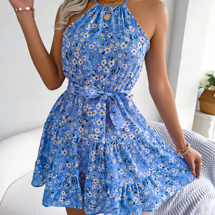 Vacation Sleeveless Floral Print Belted Beach Dress For Summer