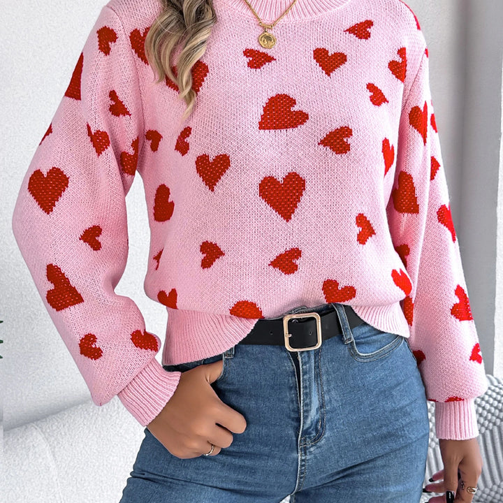 Autumn Winter Love Pattern Knitted Pullover - Round Neck Long Sleeve Sweater