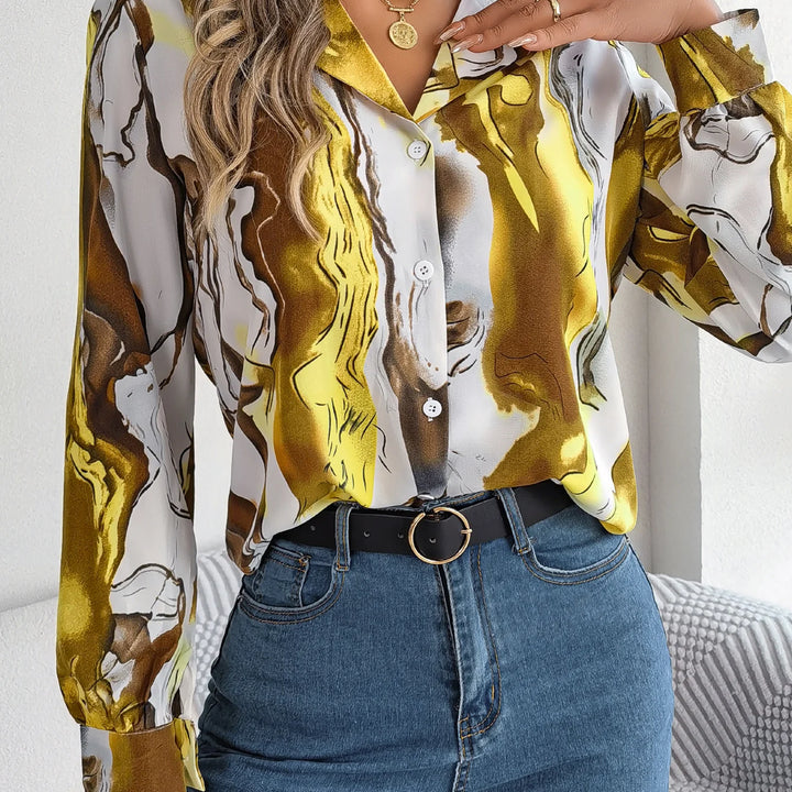 Casual All Over Print Notch Collar Button Long Sleeve Shirt