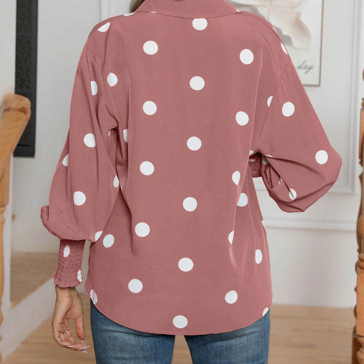 Casual Lapel Button Down Balloon Polka Dot Print  Lantern Sleeve Shirt