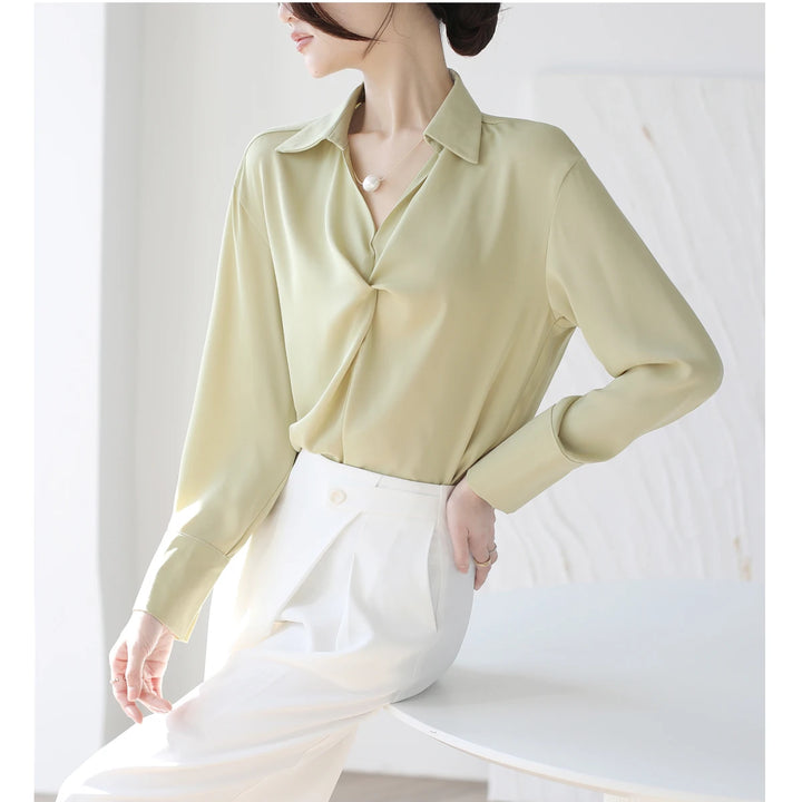 Autumn Casual Turn-Down Collar Blouse - Off-White Chiffon Long Sleeve Shirt