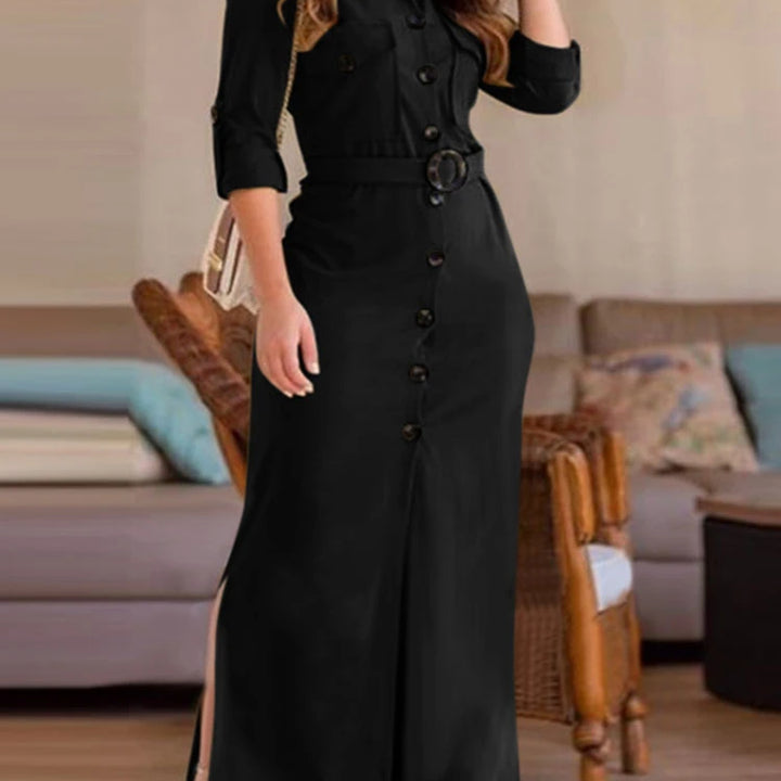 ZANZEA Women's Turn-Down Collar Belted Long Sleeve Maxi Shirtdress