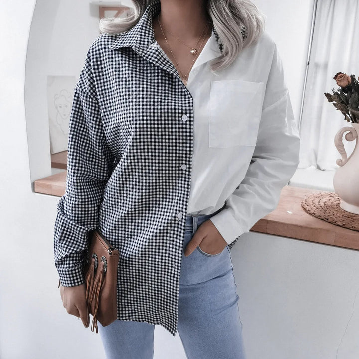 Autumn Casual Turn-down Collar Button Front Plaid Patchwork Long Sleeved Loose Shirt For Women