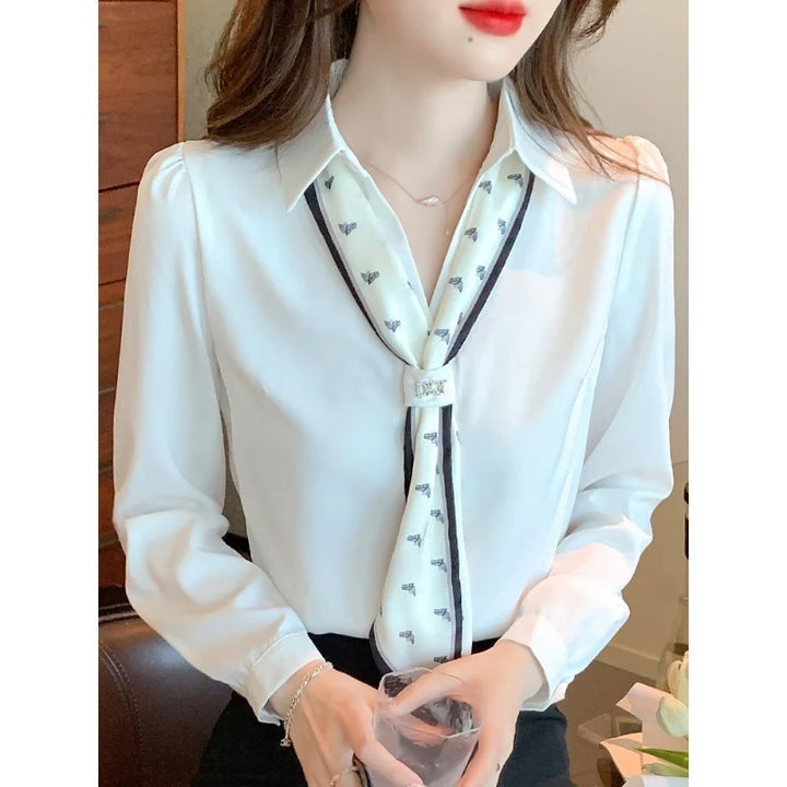 Women's Polo-Neck Blouse - Bow Patchwork Long Sleeve Office Casual Top