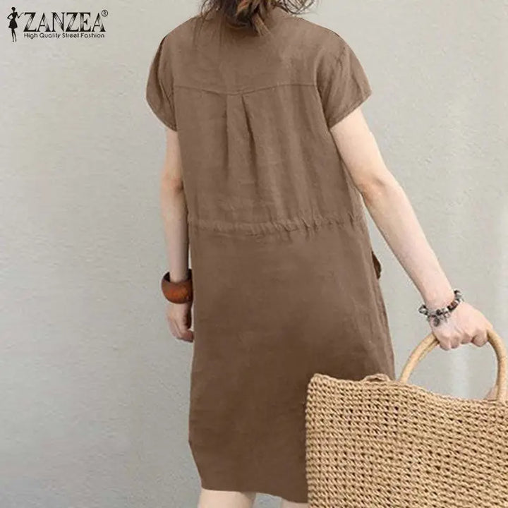 ZANZEA Summer V-Neck Dress - Short Sleeve Drawstring Waist Knee-Length Sundress