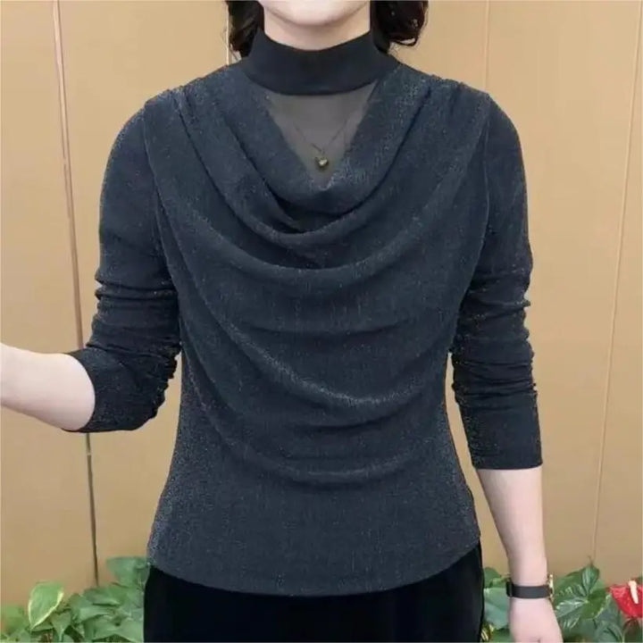 Temperament Pleated T-Shirt - Long Sleeve Half High Neck Vintage Office Pullover