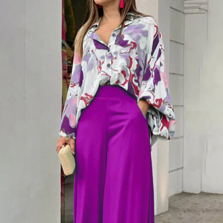 Spring & Autumn 2-Piece Set - Printed Shirt with Elegant Wide-Leg Pants