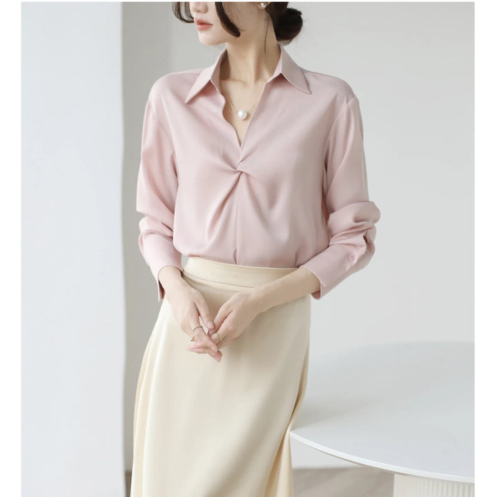 Autumn Casual Turn-Down Collar Blouse - Off-White Chiffon Long Sleeve Shirt