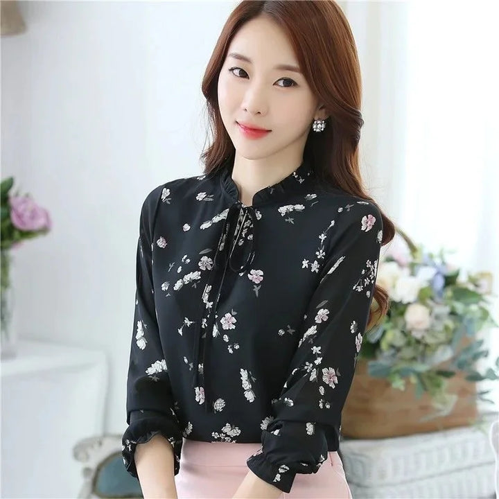 Women's Floral Bow Tie Blouse - Long Sleeve Spring Autumn Casual Shirt