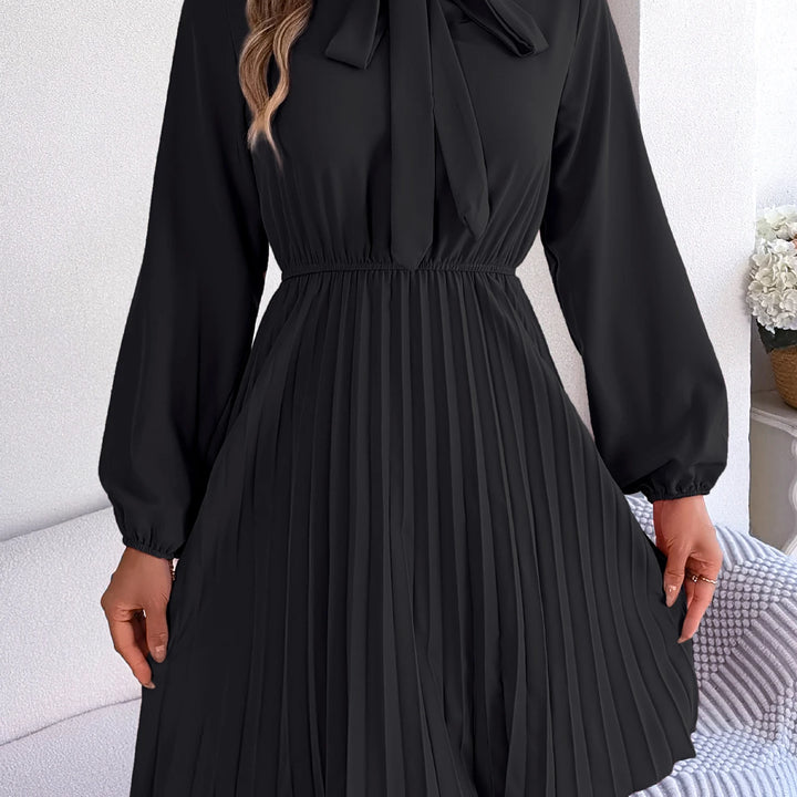 Casual Tie Front Mock Neck Long Sleeve Pleated Dress For Spring & Fall