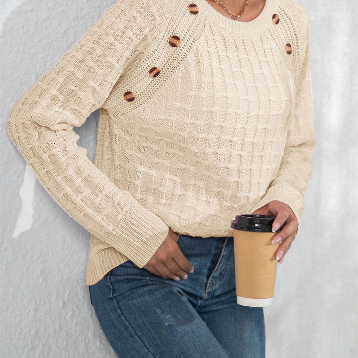 Casual Round Neck Twisted Button Sweater - Long Sleeve Knitted Pullover