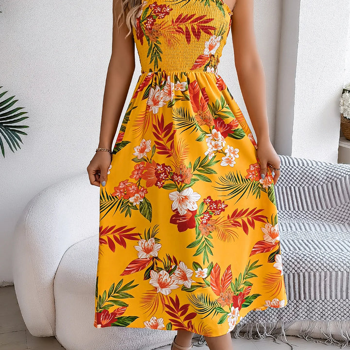 Elegant Square Neck Floral Dress - Waist-Tied Summer Vacation Outfit