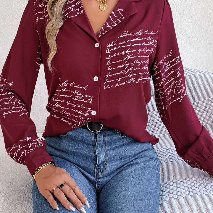 Casual Notch Collar Button Letter Print Long Sleeve Shirt