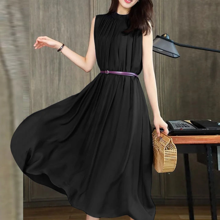 ZANZEA Vintage Stand Collar Swing Dress - Pleated Loose Fit Summer Sundress