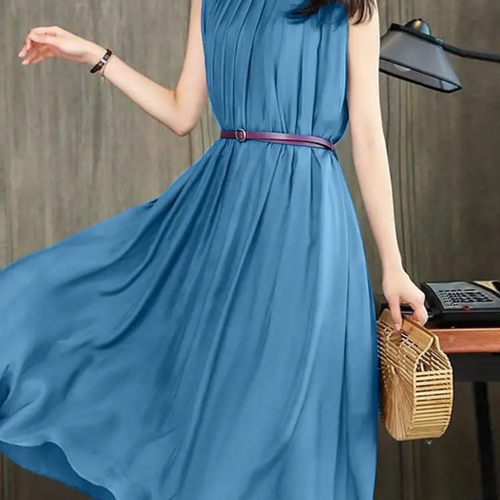 ZANZEA Vintage Stand Collar Swing Dress - Pleated Loose Fit Summer Sundress