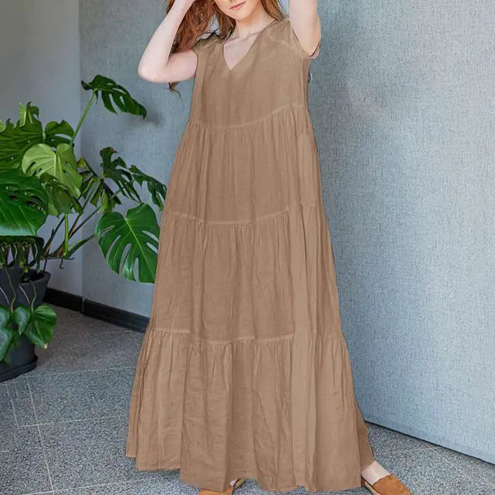 ZANZEA Elegant Pleated V-Neck Dress - Short Sleeve Casual Beach Sundress