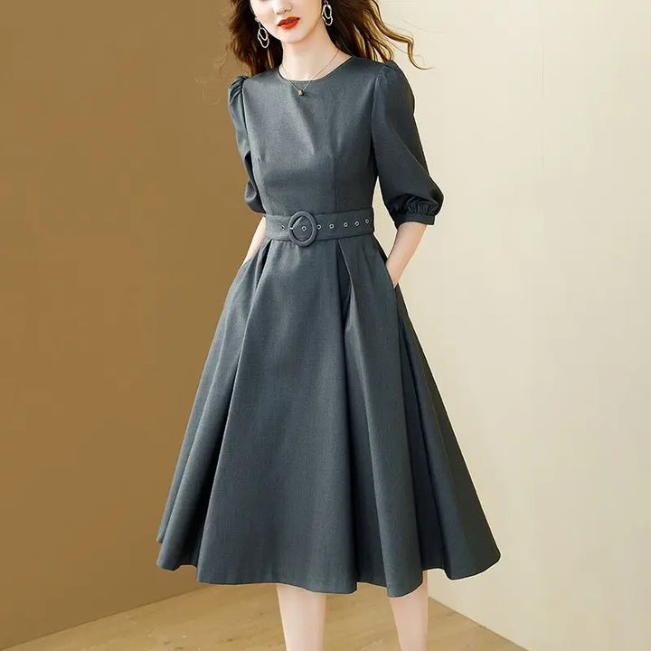 Fashionable Office Midi Dress for Women – Puff Sleeves, A-Line with Belt