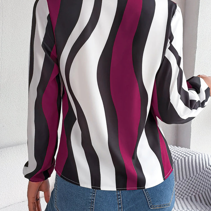 Casual Color Block Tie Neck Long Sleeve Blouse For Spring & Fall, Women's Clothing