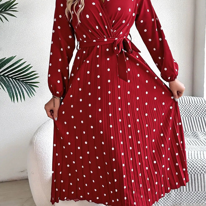 Elegant Surplice Neck Polka Dot Pleated Dress - Long Sleeve Belted