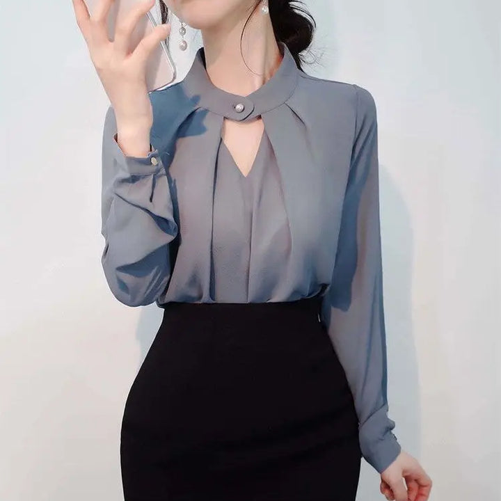 olid Chiffon Blouse - Slim Long Sleeve Hollow Sexy Spring Summer Top