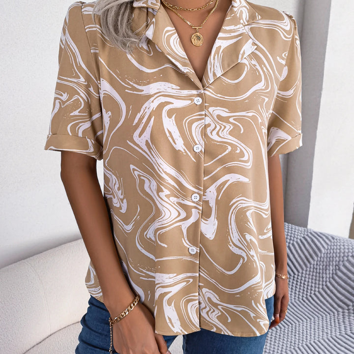 New Casual Lapel Button Front Ripple Print Short Sleeve Shirt For Summer Women's Clothing