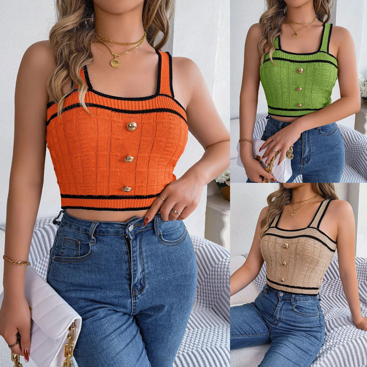 Contrast Button Tank Top - Sleeveless Knitted Vacation Vest