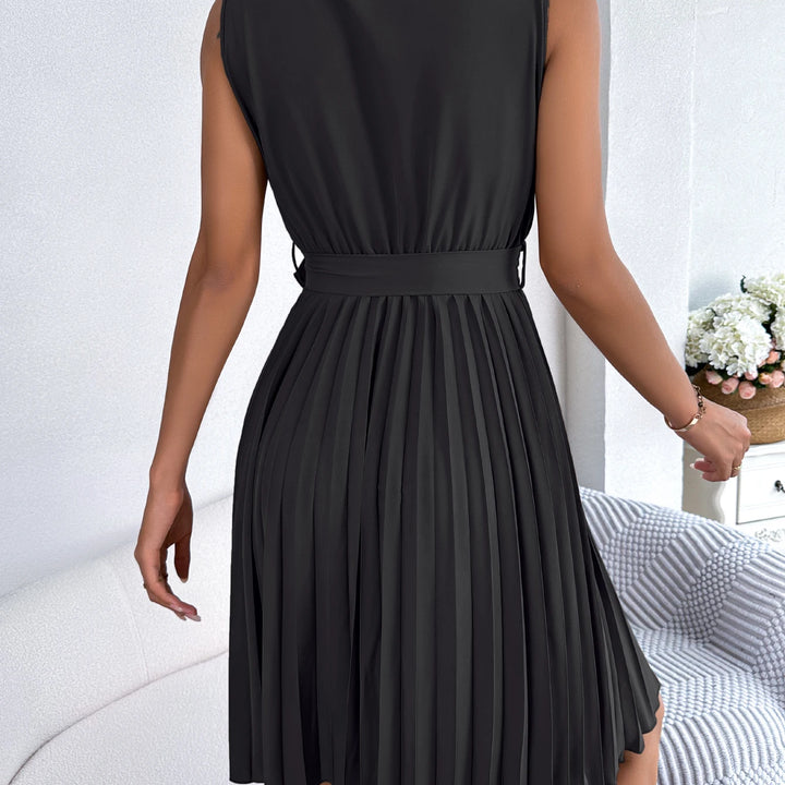 Casual V Neck Solid Sleeveless Versatile Pleated Dress, Women's Clothing