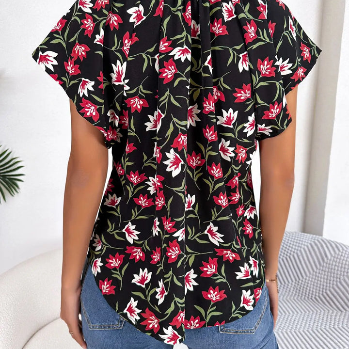 Floral Drawstring Blouse - Casual Crew Neck Short Sleeve Top