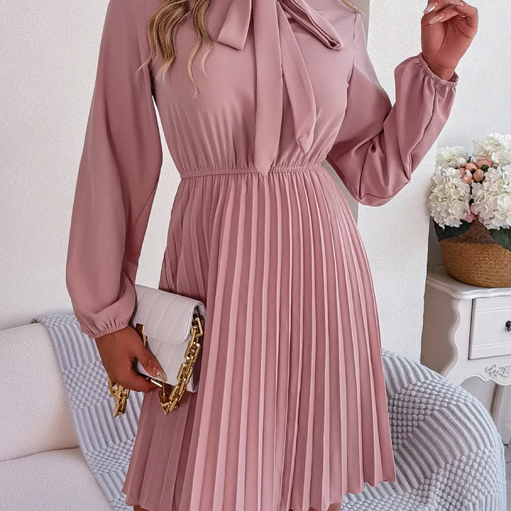 Casual Tie Front Mock Neck Long Sleeve Pleated Dress For Spring & Fall