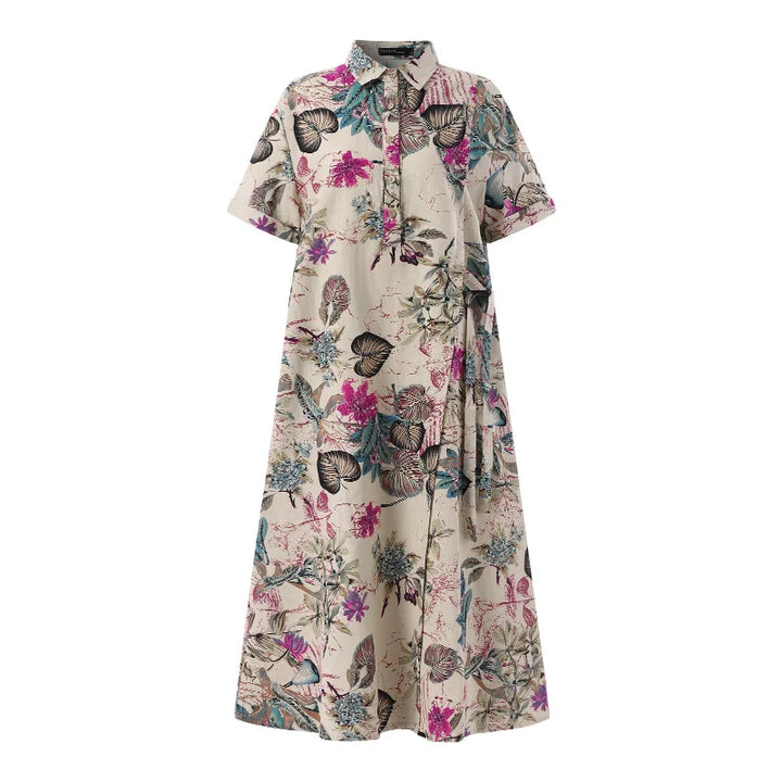 ZANZEA Bohemian Floral Shirt Dress - Summer Retro Lapel Short Sleeve Kaftan