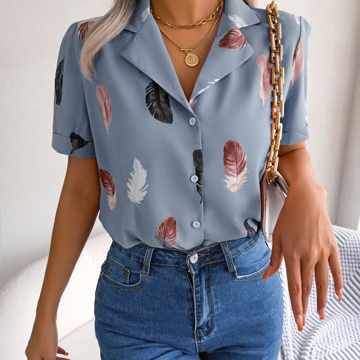 Spring Summer Casual Notched Collar Button Front Feather Printed Short Sleeved Shirt Women Blouse