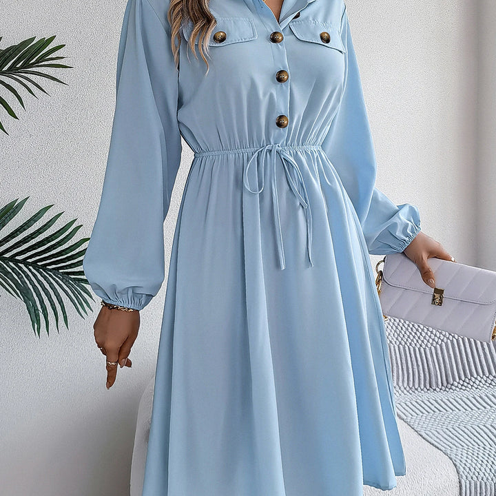 Elegant Button Front Lantern Sleeve Dress - Cinched Waist