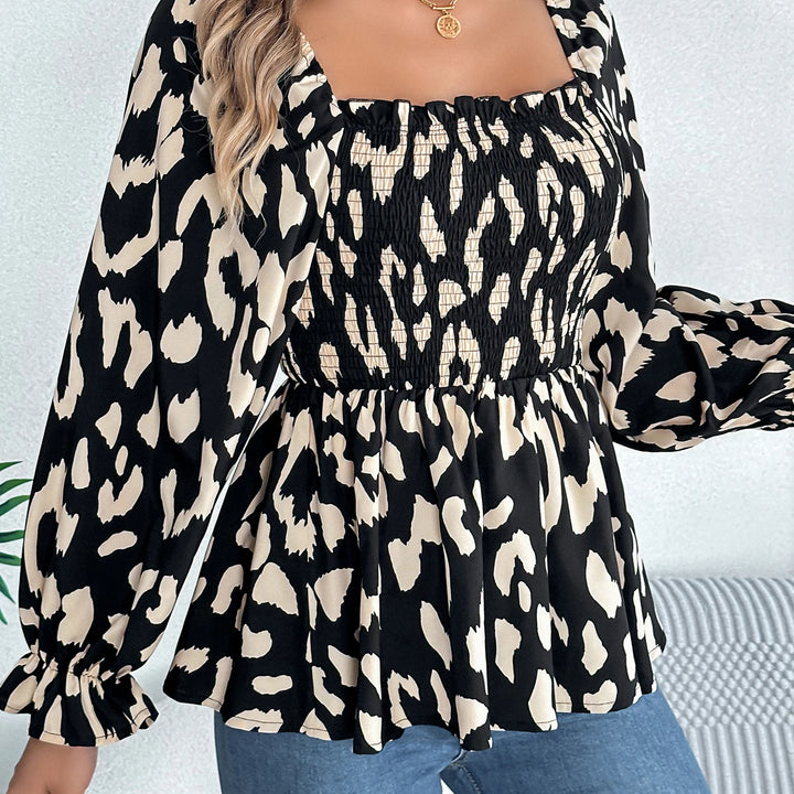 Casual Allover Print Square Neck Shirred Ruffle Hem Blouse